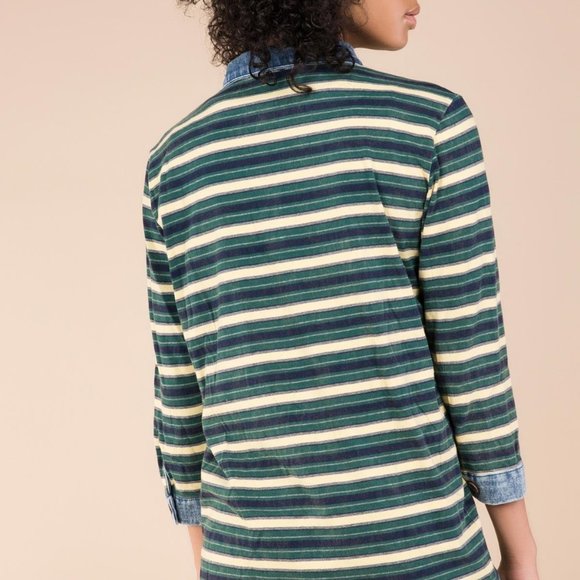 POL Medium Stripe Chambray Collar Wrist Cuff Denimwear Polo Shirt - Picture 2 of 5